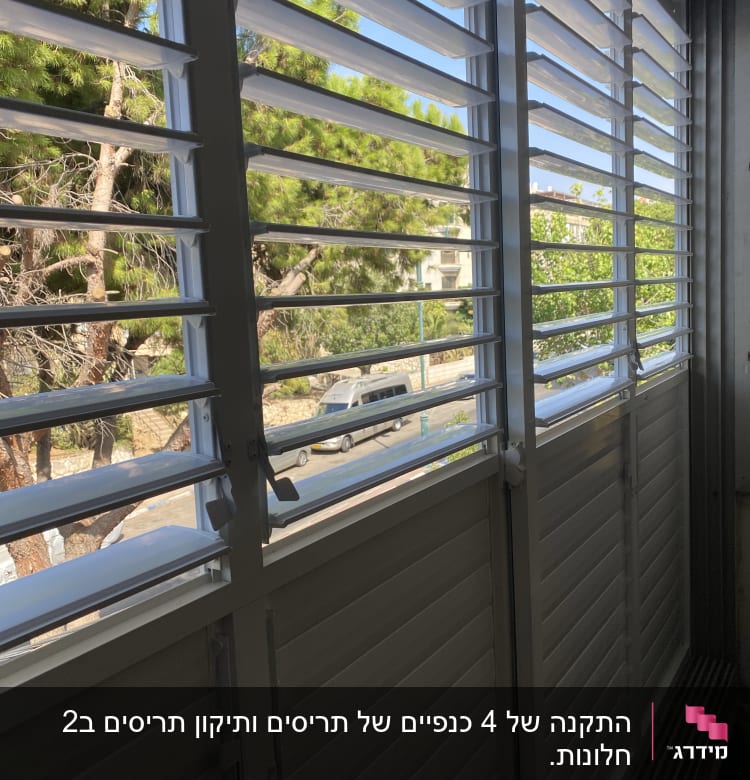 תריסי אלומיניום פתוחים עם נוף חיצוני של עצים